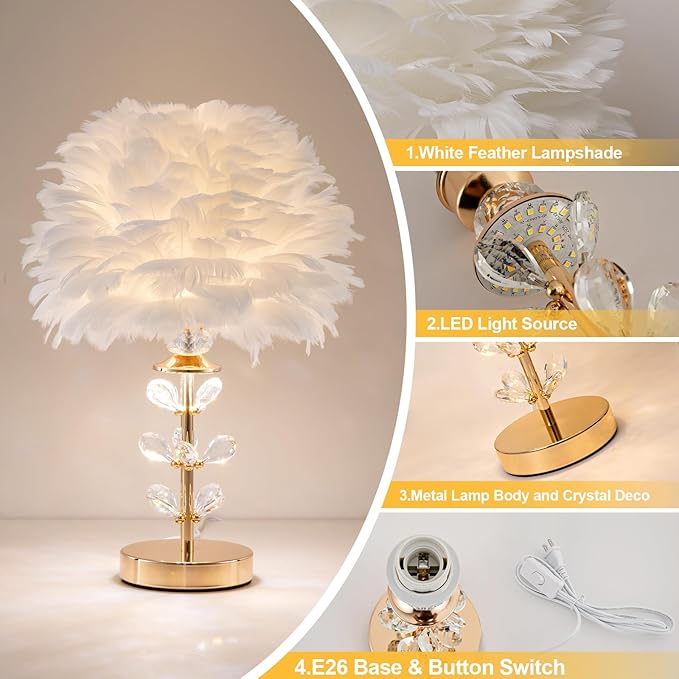 Chic White Feather Lamp Creative Fluffy Table Lamp Cute Kids Bedside Lamp Modern Feather Desk Light for Teen Girls Bedroom Living Room Entryway Study Room Wedding Deco