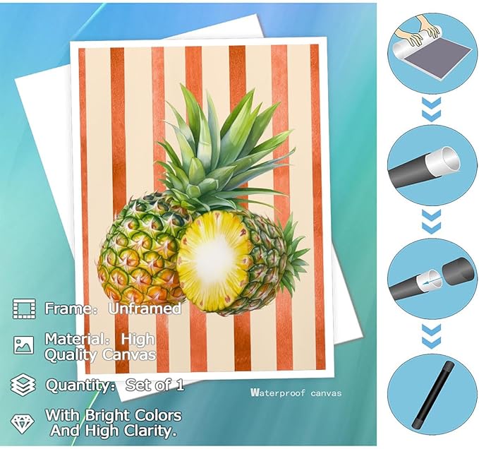 Pineapple Watercolor Wall Art – Tropical Fruit Canvas Print – Summer Kitchen Decor with Orange Stripes – Botanical Pineapple Illustration Poster 16x20inch-Unframed