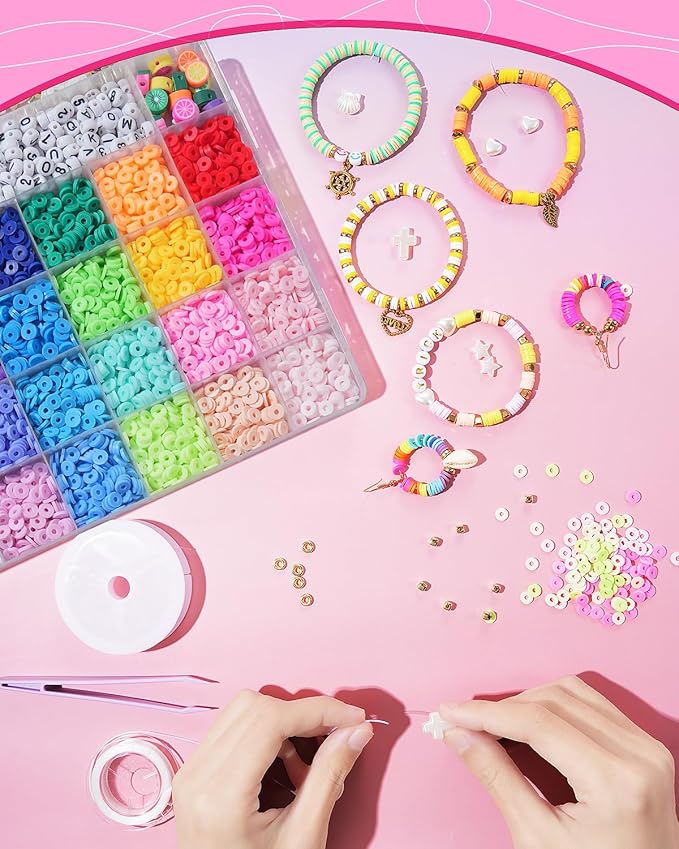 BestNow Clay Beads Bracelet Making Kit 6000 Pcs Flat Preppy Beads for Friendship Jewelry Making Polymer Heishi Beads with Charms Gifts for Teen Girls Crafts for Girls Ages 8-12