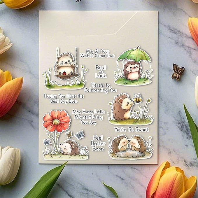 Hedgehog Flowers Plants Stamps and Cutting Dies for Card Making DIY Transparent Silicone Clear Stamp and Metal Die Cuts Sets for Scrapbooking Paper Greeting Cards Decor Seals Craft Supplies