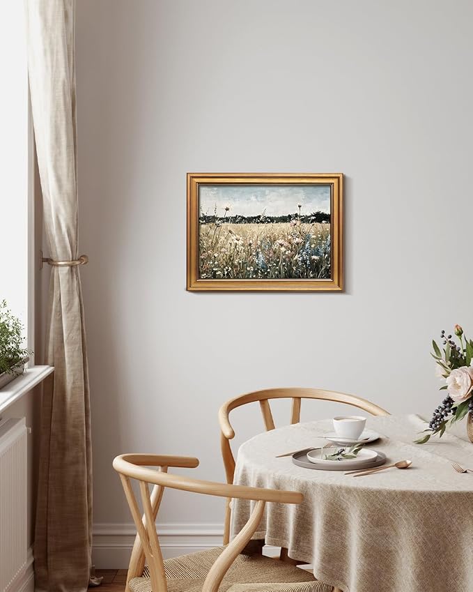 Bzstyleart Vintage Wall Art Decor for Living Room, Framed Landscape Wall Art Bedroom, Meadow with Flowers,Vintage Room Decor,Paintings for Bedroom,12 x 16 Inch