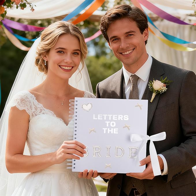 BINBE 10 x 10 Inch Letters to The Bride Scrapbook Kit DIY Blank Paper Scrapbook Photo Album Wedding Memory Book Bridal Guest Book Sign with Pearl Stickers, Letter Patches, Bows White