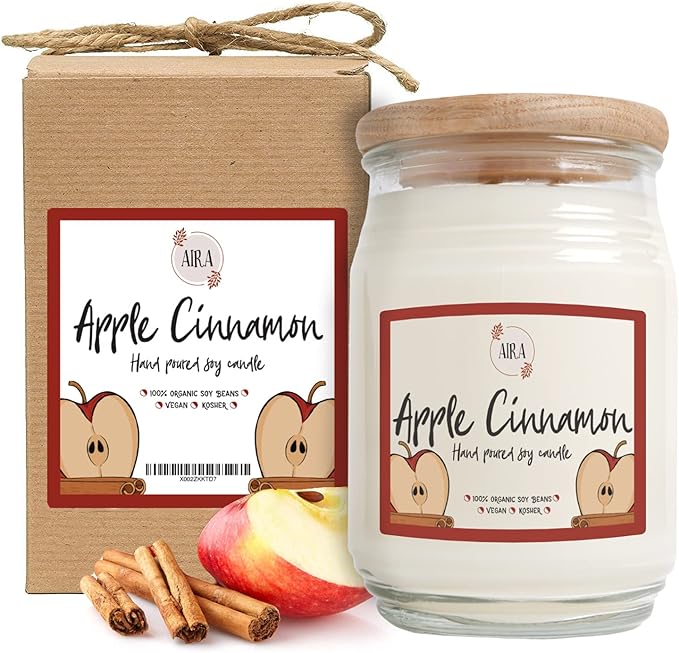 Aira Soy Candles - Organic, Kosher, Vegan, in Farmhouse Jar w/Essential Oil Blends - Hand-Poured 100% Soy Candle Wax - Paraffin Free, Burns 150+ Hours - Apple Cinnamon -20 Ounces