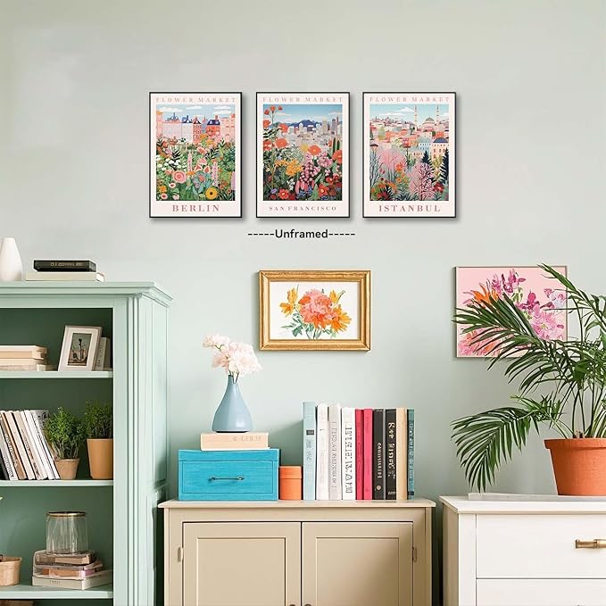 XLARTMY Flower Market Wall Art Prints Canvas Orange and Pink Floral Paintings Colorful Botanical Travel Flower Posters for Home Decor Pictures Set of 3 for Living Room Bedroom 12x16in Unframed