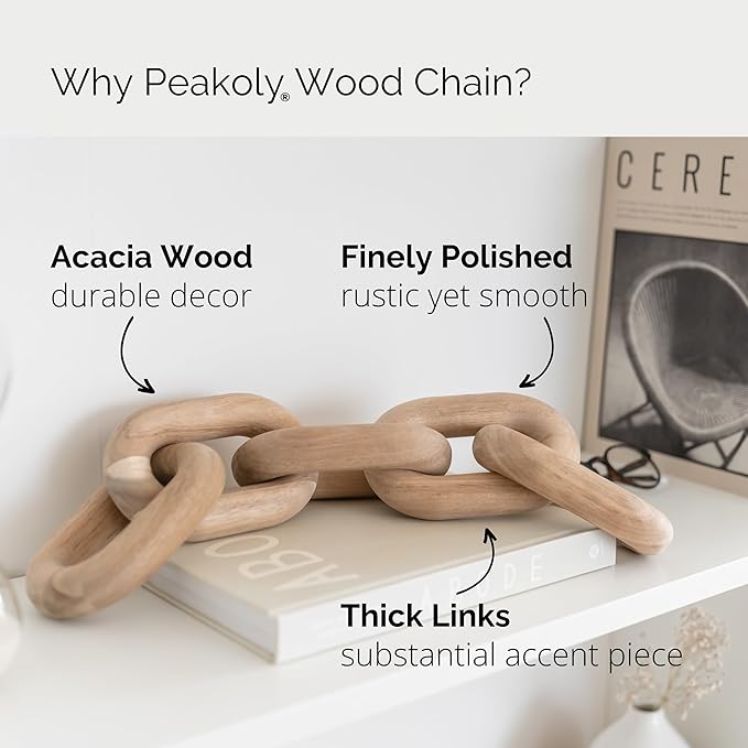 PEAKOLY Book Shelf Decor Items - Acacia Wood Chain Link Decor, Coffee Table Accessories, Bookshelf Decors, Sculpture for Shelves, Wooden Decorative Objects, Link Ornament, Living Room Accents