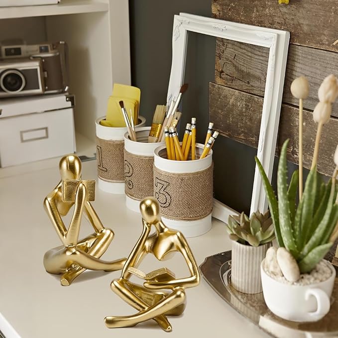 Prettidecor Reading Thinker Statue, Sculptures Abstract Art Ornament, Modern Aesthetic Figurine Decoration Set of 2 Status for Home Living Room Bedroom Office Shelf Table Desk Bookshelf Decor (Gold)