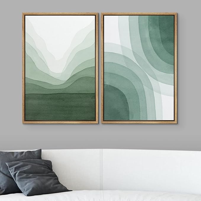 SIGNWIN Framed Canvas Print Wall Art Set Pastel Watercolor Green Wave Illusion Abstract Shapes Illustrations Modern Art Minimal Boho Colorful for Living Room, Bedroom, Office - 24"x36"x2 Natural