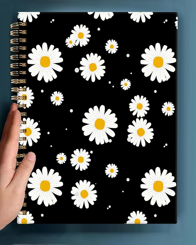 Spiral Journal Notebook,A5 Hardcover Lined Journals for Women 6 x 8.3 in,60 Sheets 120 Pages Thick Paper,Cute College Ruled Writing Notebook for Office Work School(Daisy Black)
