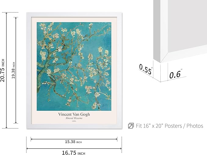 Monem Art Vintage Van Gogh Poster - Retro Almond Blossoms Print - Impressionism Art - Fine Art - Classic Painting Art - Flower Art - Floral Bedroom or Office Wall Decor - 16x20 White Framed