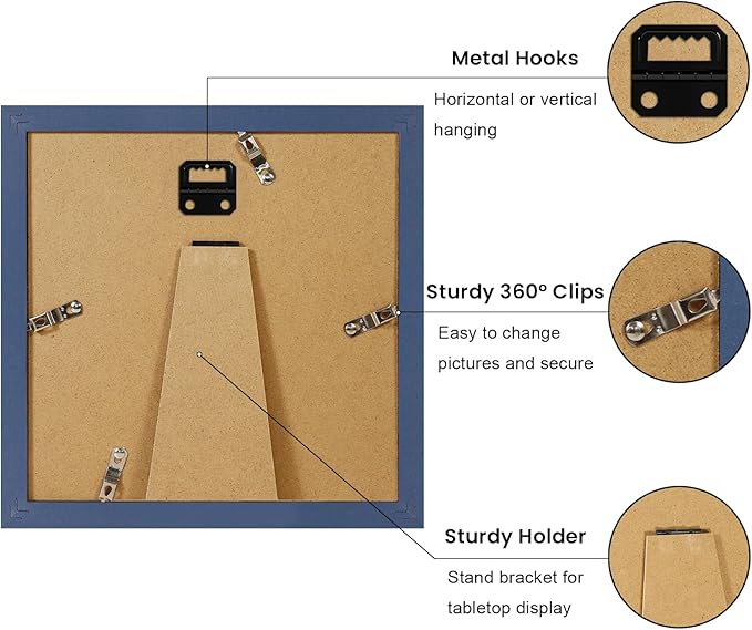 8x8 Picture Frame Set of 9, Photo Gallery Wall Frame Set, Display Pictures 4x4 with Mat or 8 x 8 Without Mat, Square Frame Picture Frames Collage Wall Decor, Blue