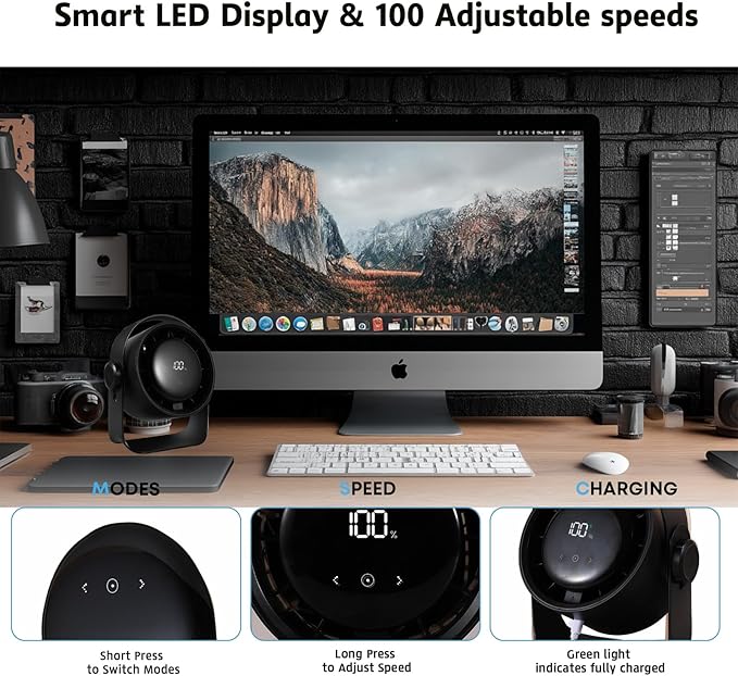 VAVOFO Desk Fan, Small Quiet LED Display Portable Table Fans, 180°Tilt, 100 Speeds, 5 Modes, Rechargeable 3600mAh Battery Operated USB Fan For Office, Bedroom, Outdoor(Black)