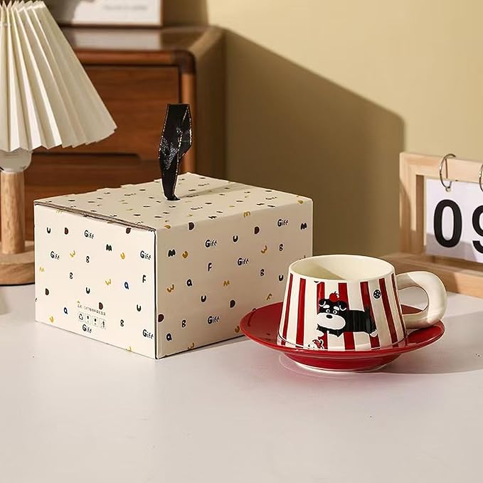 Cute Dog Couple Cup with Thick Grip, Ceramic Coffee Mug with Spoon, Gifts Suitable for Birthdays, Christmas, Halloween and Family Gatherings (Thick Stripe)