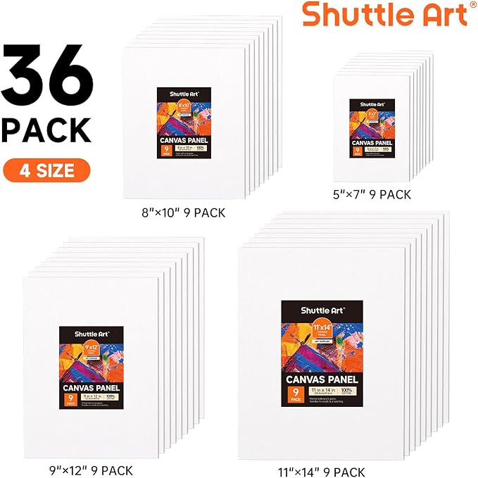 Shuttle Art Painting Canvas Panel, 36 Multi Pack, 5x7, 8x10, 9x12, 11x14 inch (9 PCS of Each), 100% Cotton Art Canvas Board Primed White, Blank Canvas for Kids Adults for Acrylic Oil Painting