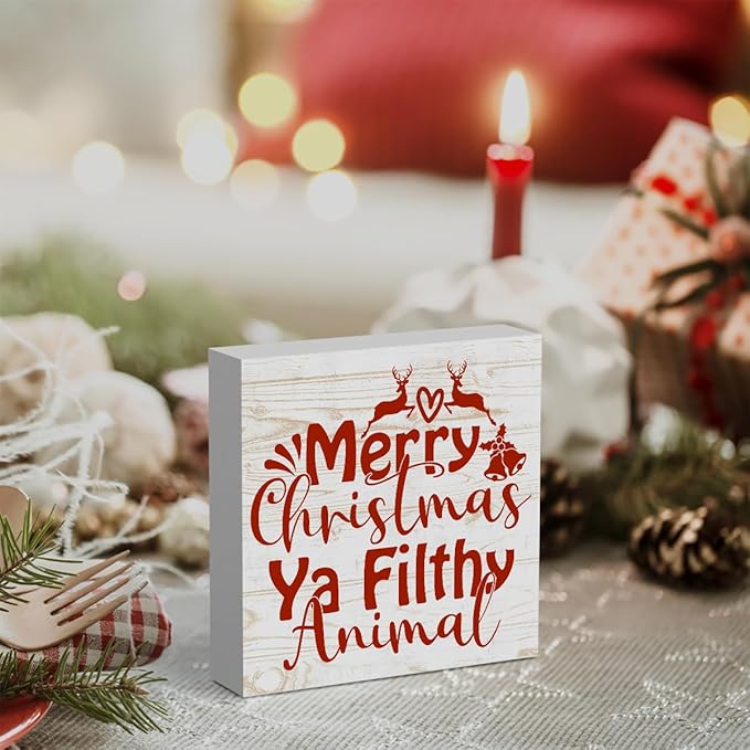 Home Alone Decor Winter Merry Christmas Ya Filthy Animal Tree Wood Box Sign, Farmhouse Christmas Santa Artwork Decor, Wood Square Sign Desk Block Signs Home Shelf Office Decoration 5 x 5 Inches