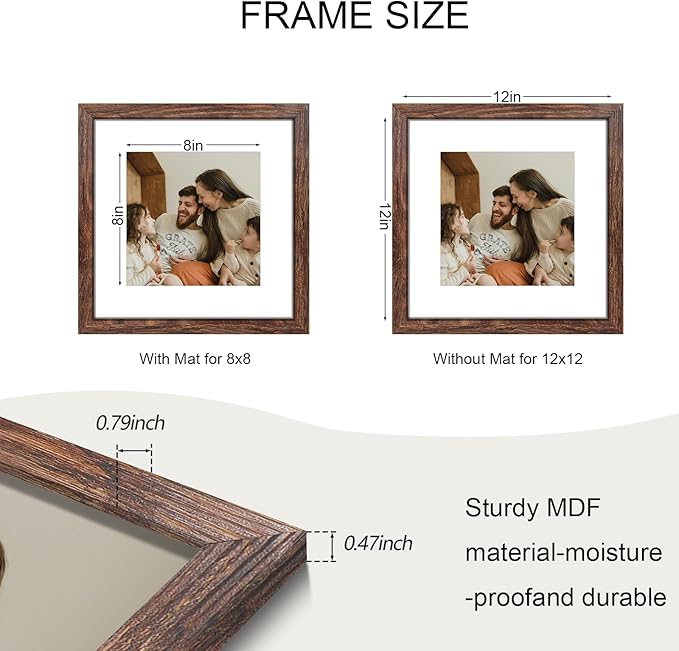 12x12 Picture Frame Set of 9, Photo Gallery Wall Frame Set, Display Pictures 8x8 with Mat or 12 x 12 Without Mat, Square Frame Picture Frames Collage Wall Decor, Rustic Brown