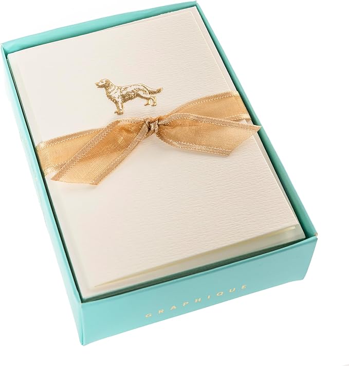 Graphique Golden Retriever Cards, Pack of 10 Cards with Envelopes, All Occasion Greetings, Blank Inside, Gold Foil Embossing, La Petite Press Collection Boxed Set, 3.25" x 4.75"