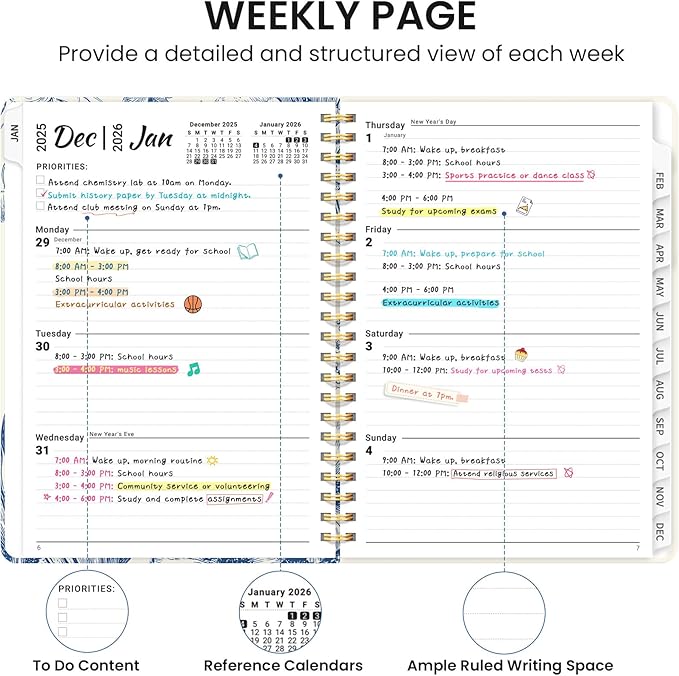 2026 Planner, Weekly and Monthly Calendar Planner for Women, Jan 2026 - Dec 2026, Hardcover Planning Agenda book with Tabs, Spiral Bound, Inner Pocket, Perfect for School Office Supplies, 6.3" x 8.5" - Blue Elegance