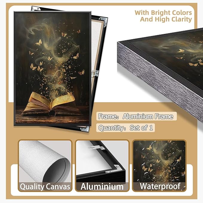 Whimsical Enchanted Open Book Wall Art Vintage Golden Butterflies Aesthetic Poster Print Funny Mystical Smoke Canvas Picture Decor for Office Bedroom Living Room Apartment 20x30inch Metal Black Framed