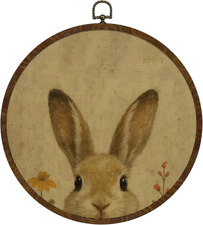 Round Wall Art Framed,Vintage Rabbit Wall Art,Retro Animal Design Hanging Round Wall Decor for Bedroom Living Room,or Office,Easter or Christian Gifts 10x10inch (Rabbit)