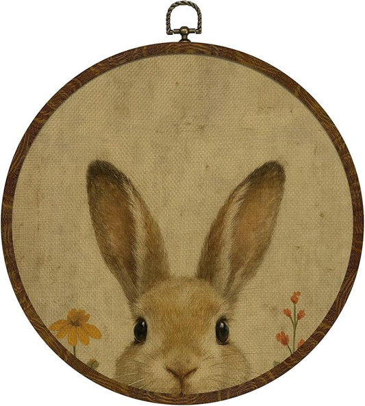 Round Wall Art Framed,Vintage Rabbit Wall Art,Retro Animal Design Hanging Round Wall Decor for Bedroom Living Room,or Office,Easter or Christian Gifts 10x10inch (Rabbit)