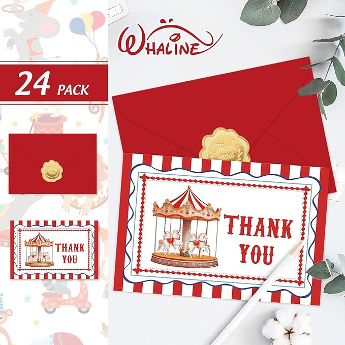 Whaline 24 Pack Circus Theme Thank You Cards Greeting Cards Red White Stripe Carousel Blank Note Card with Envelopes Stickers for Birthday Party Baby Shower Carnival, 4 x 6 Inch