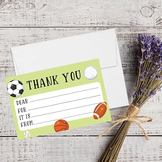 Andaz Press Kids Fill in the Blank Thank You Cards - 20 Cards Including Envelopes Sports Theme Gender Neutral Note Cards For Boys Girls Birthday Party Thank You Notes for Friends, Family Party Guests
