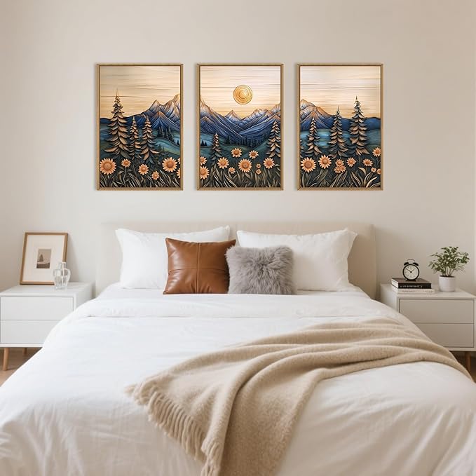 Large Natural Floral Mountain Framed Canvas Wall Art,Vintage Forest Wall Decor,Boho Abstract Moonlight Landscape Artwork,Mid Century Scenery Art Print for Living Room,Bedroom,Office- 24"x36"x3