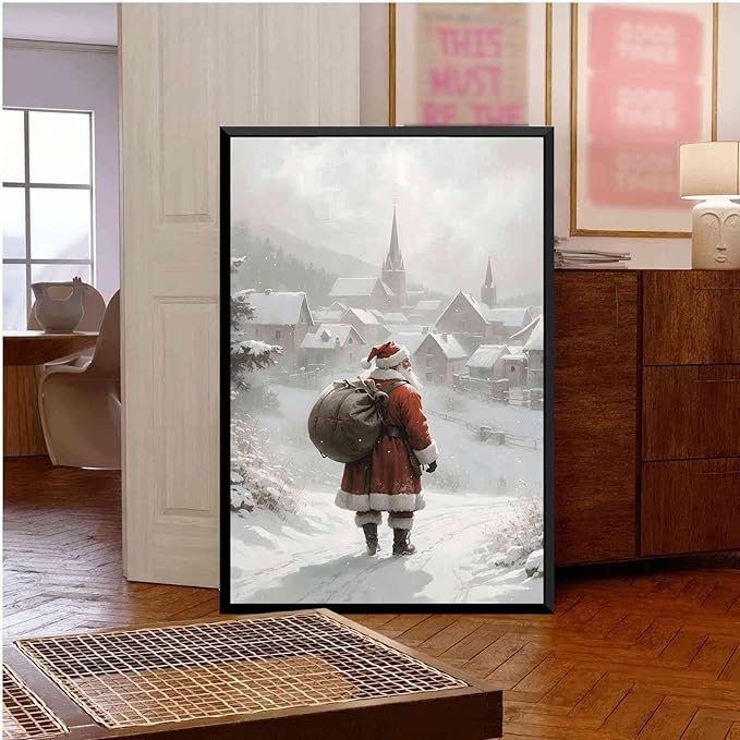 Framed Canvas Wall Art Vintage Santa Claus Wall Art Farmhouse Christmas Print Festive Holiday Home Decor Santa Claus Painting 16x24in Metal blackFramed