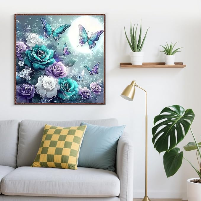 Flower Butterfly Moon Diamond Painting Kits for Adults, 5D Diamond Art Kits for Adults Beginners, DIY Full Round Drill Diamond Dot Painting Gem Art Kits for Adult, Home Wall Decor 13.8x13.8 Inch
