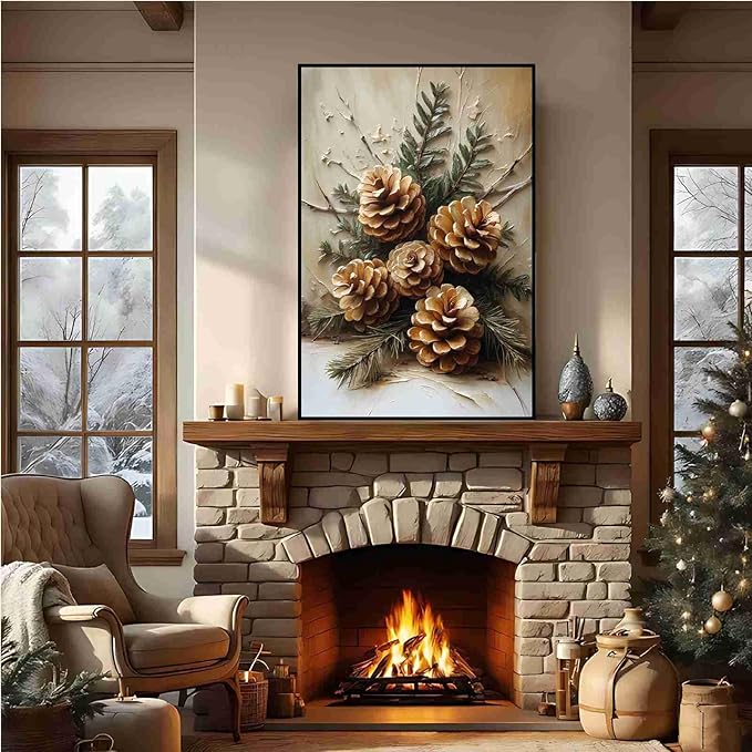 Vintage Christmas Canvas Painting Rustic Nature Print Forest Canvas Wall Art Botanical Wall Decor Brown Green Painting Poster Indoor Decor for Home Offices Living Room Bedroom Framed Ready to Hang