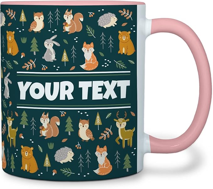 Personalized Mug for Kids - Woodland Animals - Custom Name/Text, Ceramic Hot Chocolate/Coffee Cup for Boys/Girls, Birthday/Christmas/Holiday Gift - 11 oz, Navy Blue Handle