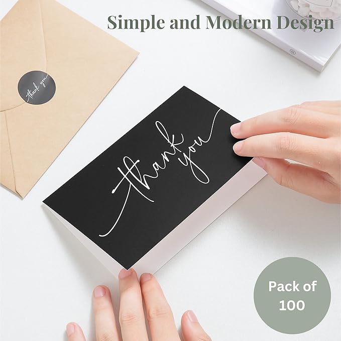 100 Thank You Cards with Envelopes - Bulk Pack Black Thank You Cards 4x6 Inch Minimalistic Design - Suitable for Business, Baby Shower, Wedding, Small Business, Graduation, Bridal Shower, Funeral