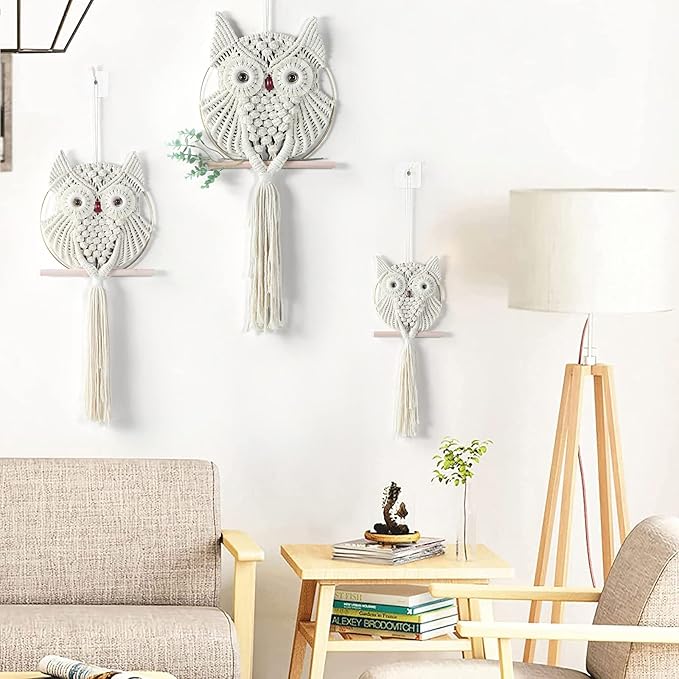 MVSUTA Owl Ivory Cotton Handmade Macrame Wall Hanging Tapestry Home Decor Art Cream Craft Wonderful Decoration Woven Beige Boho Ornament for Office Bedroom Apartment Living Nursery Gallery,3pcs