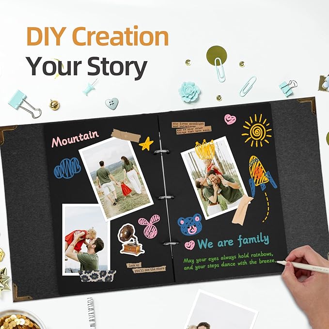 Vienrose DIY Scrapbook Photo Album Kit with Pens Tapes and Stickers 60 Pages Hardcover 12x12 Inches 3 Rings Removable Black Paper Scrapbooking for Lover Friends Kids Wedding Black