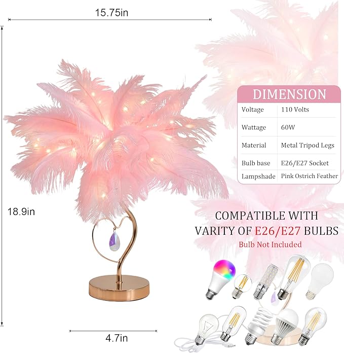 Pink Ostrich Feather Lamp Creative Furry Bedside Lamp Romantic Feather Table Lamp Fluffy Nightstand Light for Girl Bedroom Wedding Decor Valentines Dating Livingroom Hotel Office Christmas