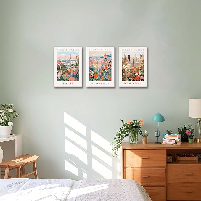 XLARTMY Flower Market Wall Art Prints Canvas Orange and Pink Floral Paintings Colorful Botanical Travel Flower Posters for Home Decor Pictures Set of 3 for Living Room Bedroom 12x16in