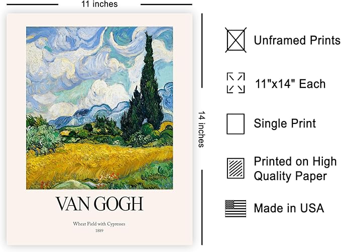 Monem Art Vintage Van Gogh Poster - Wheat Field With Cypresses Print - Impressionism Art - Celestial Art - Gift for Men & Women - Decor for Bedroom, Living Room or Dorm - 11x14 UNFRAMED Wall Art