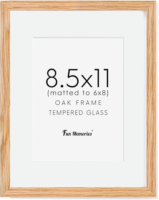 8.5x11 Picture Frame, Oak Wood Frame 8.5 x 11, 8.5 by 11 Wood Frames with Glass, 8.5x11 Matted frame for 6x8, Real Wood 8.5"x11" Photo Frame with Stand, Natural Oak Color, 1 Pack