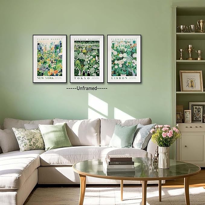 XLARTMY Flower Market Wall Art Prints Canvas Green Yellow White Floral Paintings Colorful Botanical Travel Flower Posters for Home Decor Pictures Set of 3 for Living Room Bedroom 16x24in Unframed