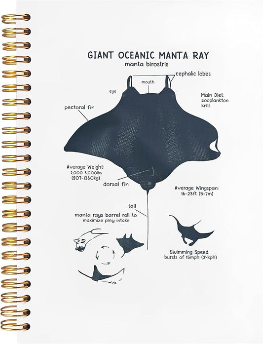 Manta Ray Notebook Journal, Manta Ray Gift for Ocean Lovers, Marine Biology Gifts, Ocean Animal Beach Spiral Notebook Journal for Note Taking, Ocean Themed Gifts, 5.5x8.3 Inch