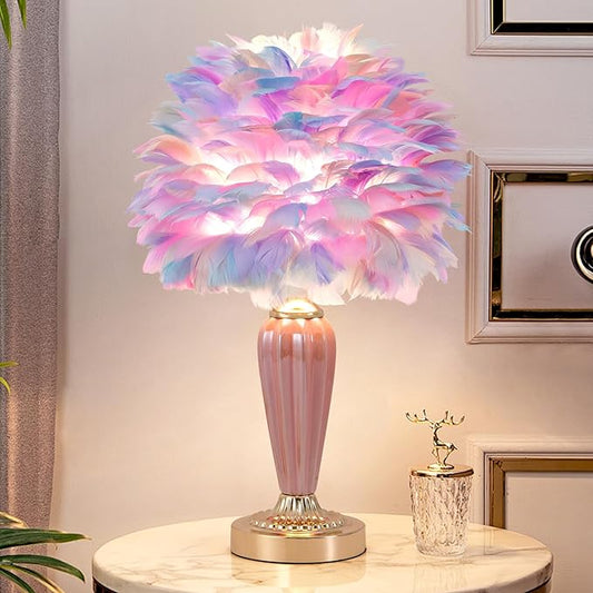 Colorful Feather Lamp Fluffy Table Lamp Furry Bedside Lamp Romantic Princess Lights Goose Feather Night Light for Bedroom Wedding Decor Valentines Dating Livingroom Hotel Office