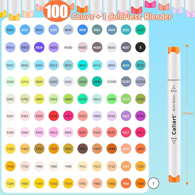Caliart 101 Colors Alcohol Markers Brush Tip & Chisel, Dual Tip Art Markers Set for Adults Artists Sketch Illustration Coloring Book, Permanent Colored Drawing Pen Art Supplies Christmas Gifts