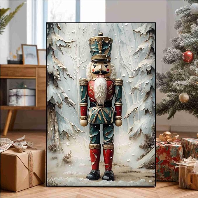 Nutcracker Christmas Art Print Vintage Holiday Decor Winter Nutcracker Wall Art Vintage Toy Soldier Print Festive Winter Poster Indoor Decor for Home Offices Living Room Bedroom Framed Ready to Hang
