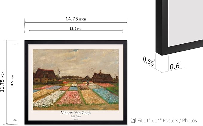 Monem Art Vintage Van Gogh Poster - Retro Bulb Fields Print - Flower Beds in Holland Art - Impressionism Art - Fine Art - Classic Painting Art - Great Bedroom Wall Decor - 11x14 Black Framed