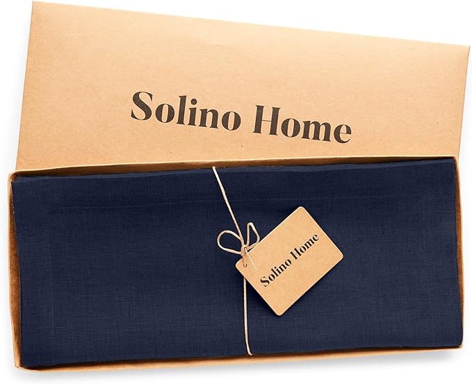 Solino Home Linen Navy Blue Table Runner 60 Inches - 100% Pure Linen Short Table Runner 14 x 60 Inch Ideal for Dresser and Coffee Tables - Diana Medium Weight