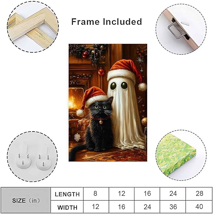 Christmas Pet Canvas Print Ghost and Cat Painting Christmas Cat and Ghost Whimsical Holiday Decor Rural Art print Indoor Decor for Home Living Room Bedroom Pet Lover Bedroom Framed Ready to Hang