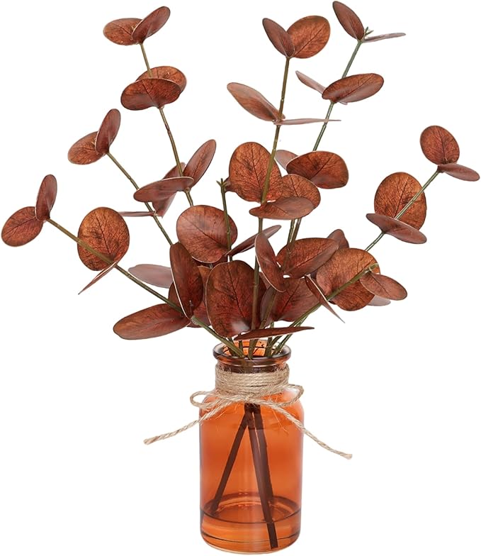 Muhanjia Artificial Eucalyptus Stems in Amber Glass Vase with Faux Water,3Pcs Fake Plant with Double-Sided Terracotta Leaves for Centerpiece (Double-Sided Terracotta Eucalyptus)