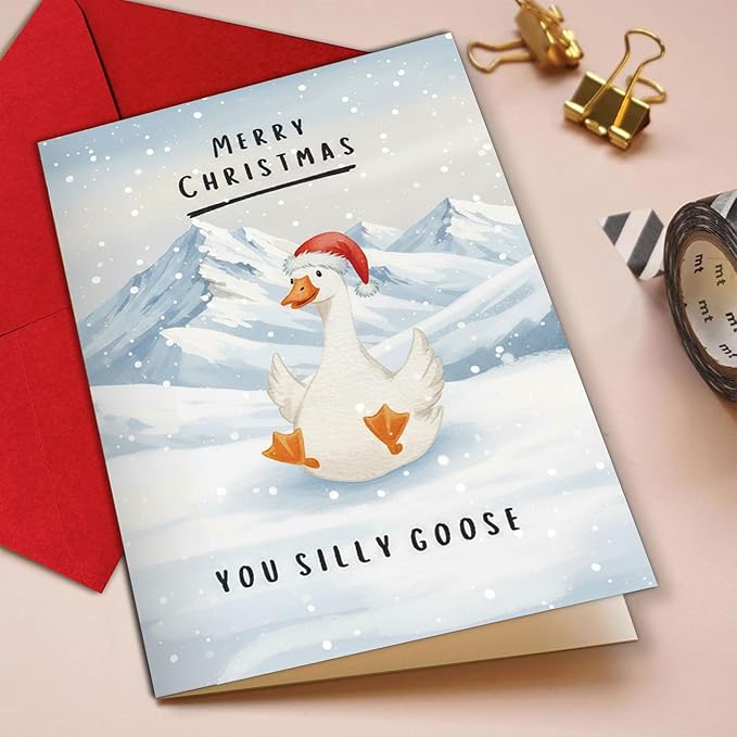 (5.3x8in) Merry Christmas You Silly Goose Card with Envelope, Funny Holiday Greeting Featuring Cute Goose in Snow, Whimsical Animal Christmas Card for Friends, Family, Coworkers (Xmas 34)