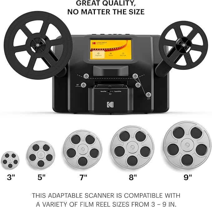 KODAK REELS 8mm & Super 8 Films Digitizer Converter with Big 5” Screen, Scanner Converts Film Frame by Frame to Digital MP4 Files for Viewing, Sharing & Saving on SD Card for 3” 4” 5” 7” and 9” Reels