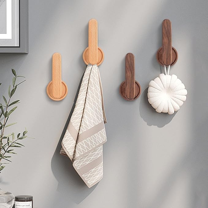 Wood Wall Hooks Adhesive Hooks Hair Hoop Holders Extended Natural Wooden Hooks for Hanging Hair Rings, Headbands, Scarves, Towels, Coat, Keys, Bags in Bathroom and Bedrooms (White Beech Wood)